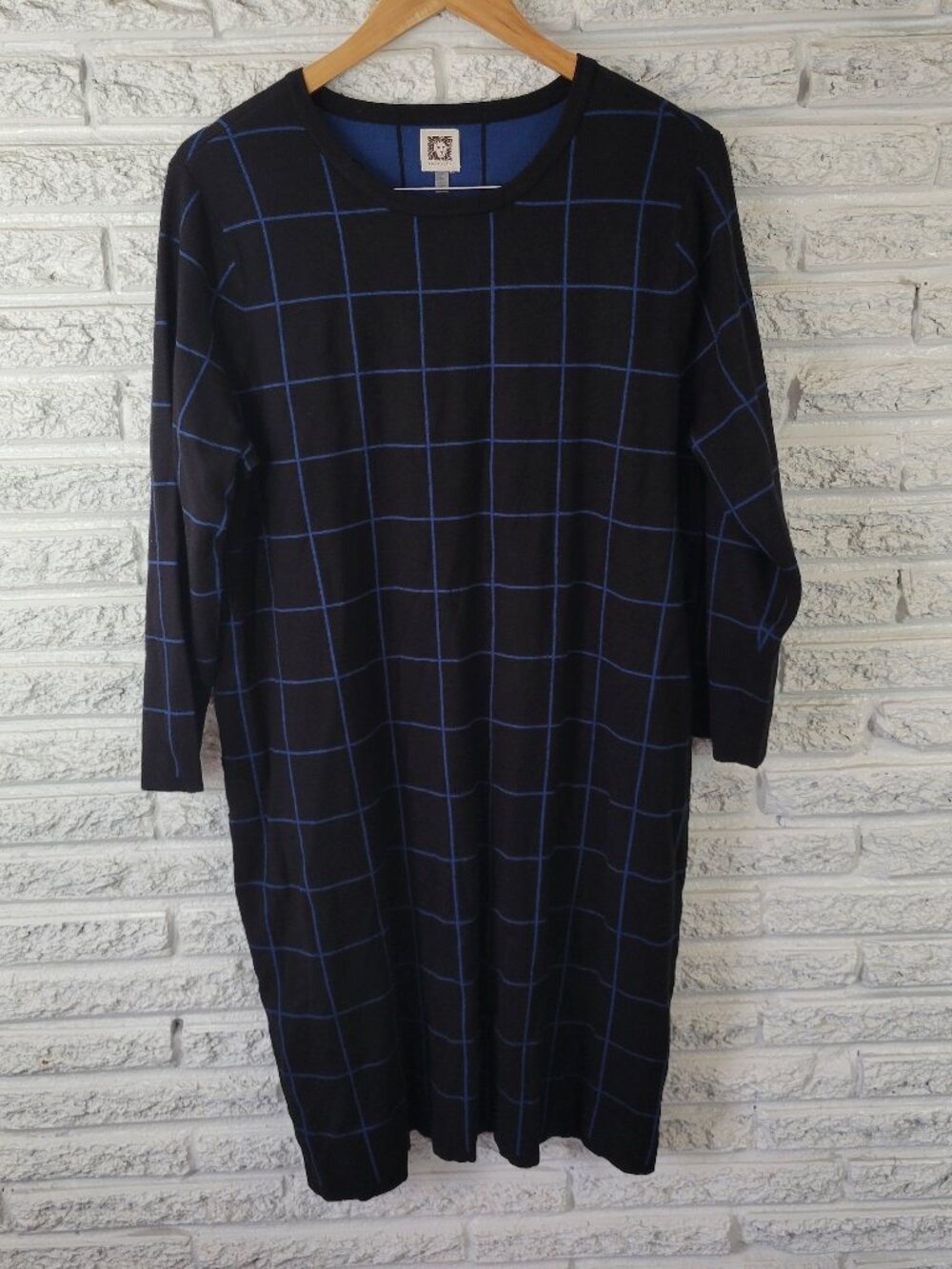 Anne Klein Women's 2X Dress Black Blue Plaid Knit Long Sleeve Plus Size PLA34E